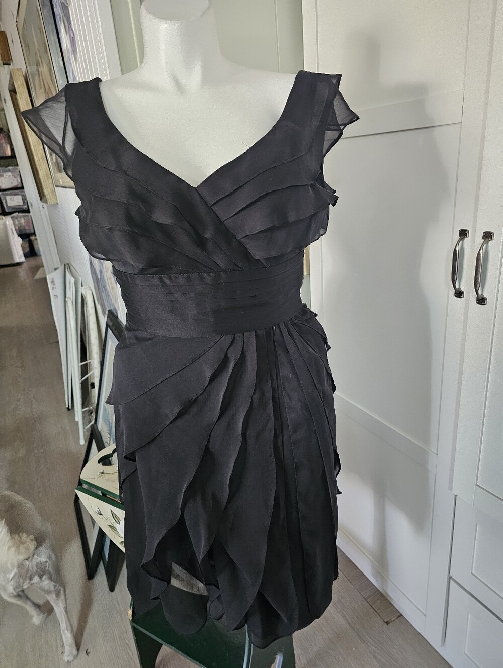 Adrianna Papell Black Chiffon Tiered Petal Cocktail Dress Size 12 Run Small Bust